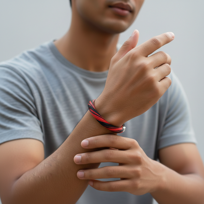Handcrafted Red & Black Sacred Thread Silver Bracelet