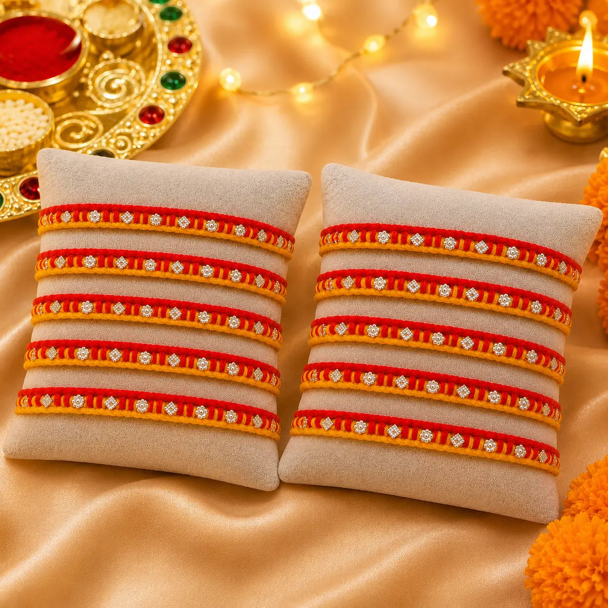 Traditional red and yellow Rakhi with silver detailing displayed on a cream velvet cushion