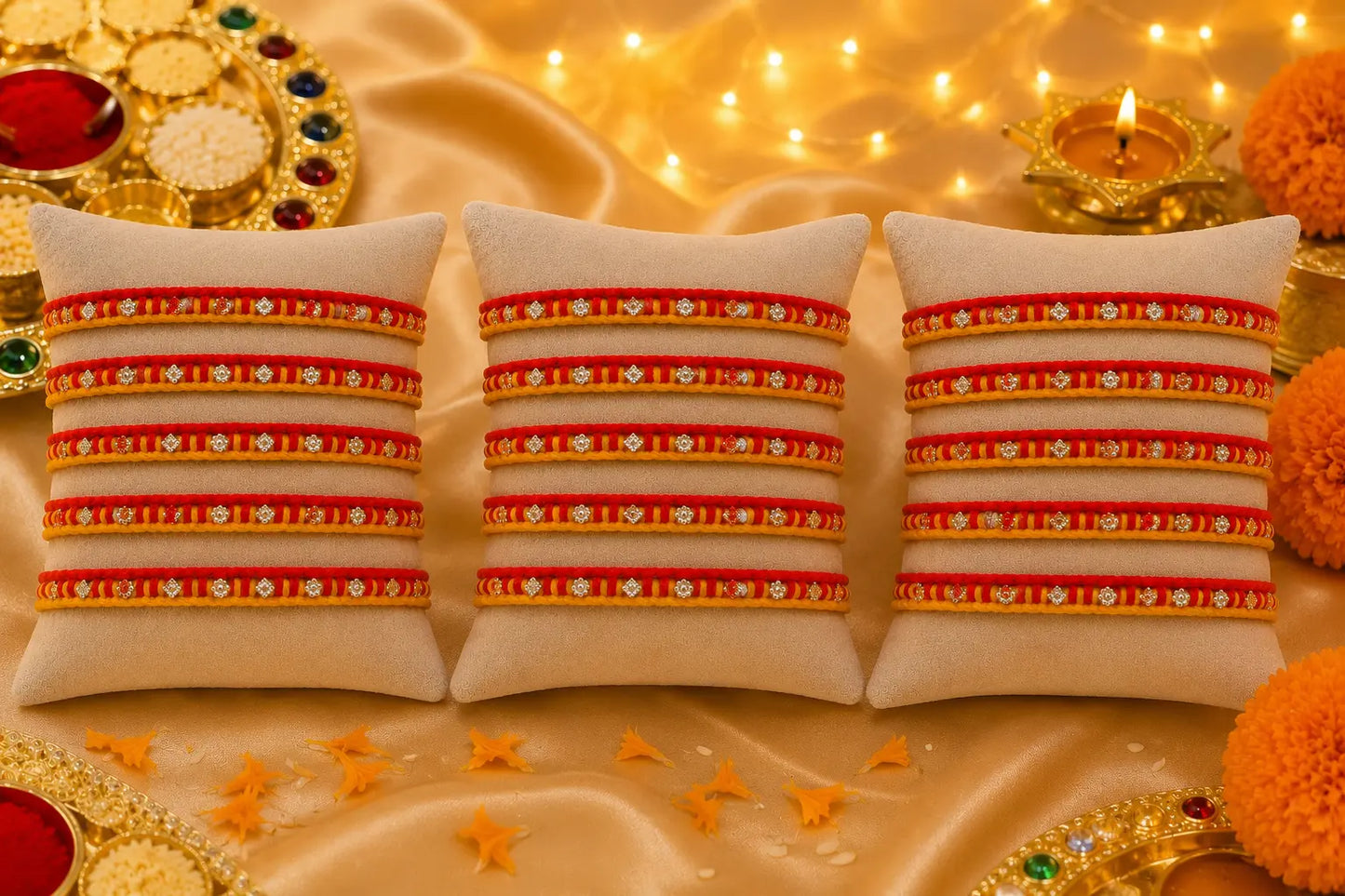 Traditional red and yellow Rakhi with silver detailing displayed on a cream velvet cushion