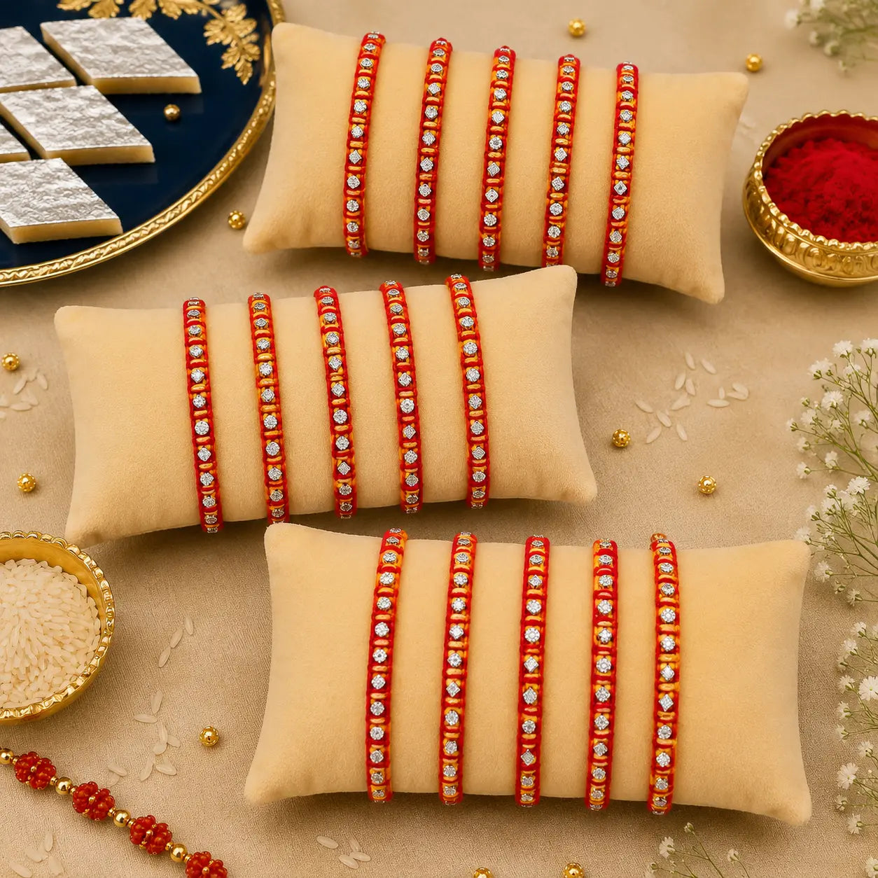 Handcrafted Silver Buds Rakhi Assorted Design (combo)