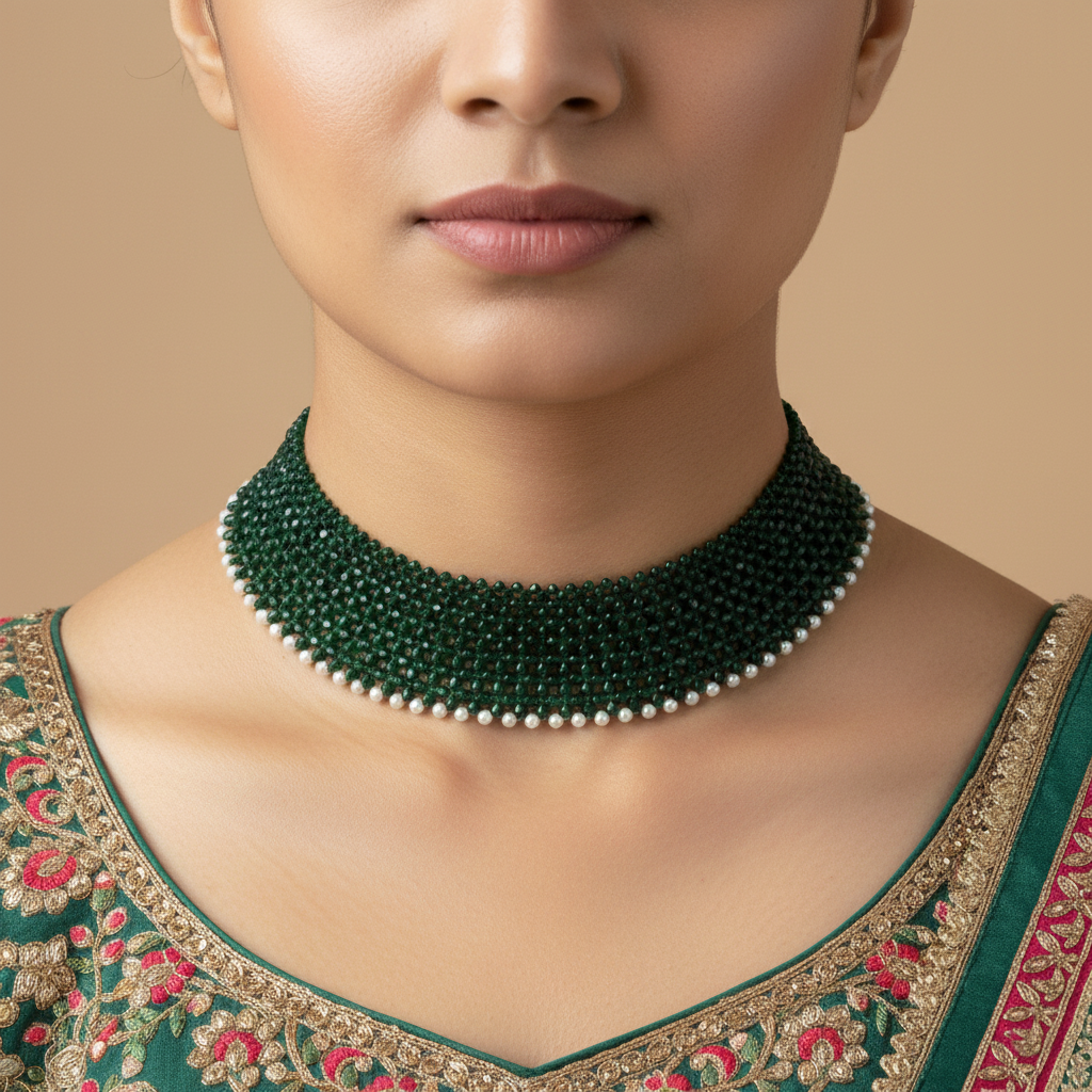 Handmade Green/Maroon Chatai Necklace with Pearl Border