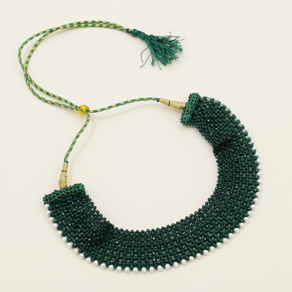 Handmade Green/Maroon Chatai Necklace with Pearl Border