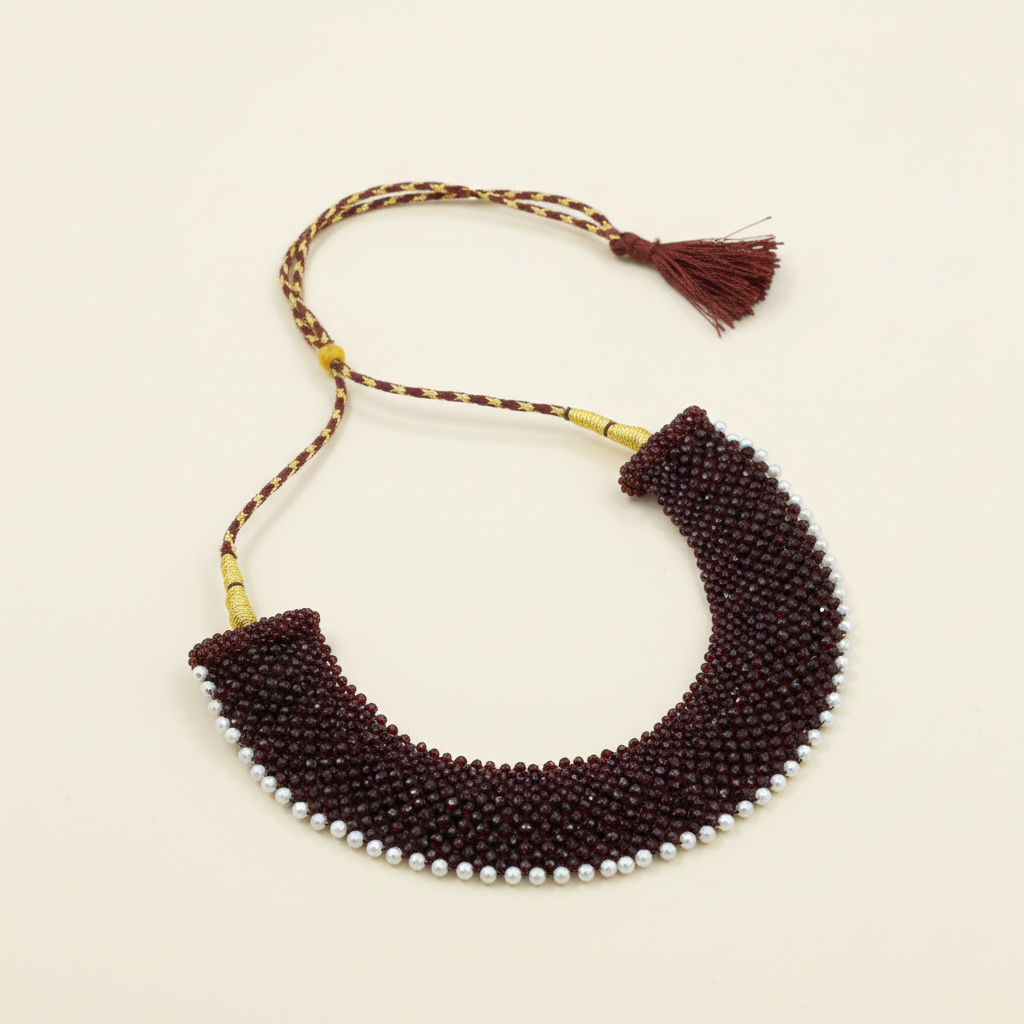 Handmade Green/Maroon Chatai Necklace with Pearl Border
