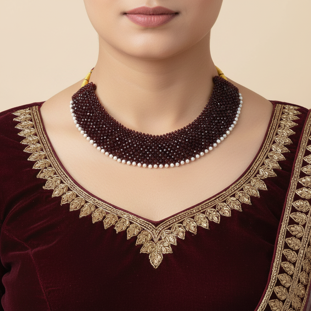 Handmade Green/Maroon Chatai Necklace with Pearl Border