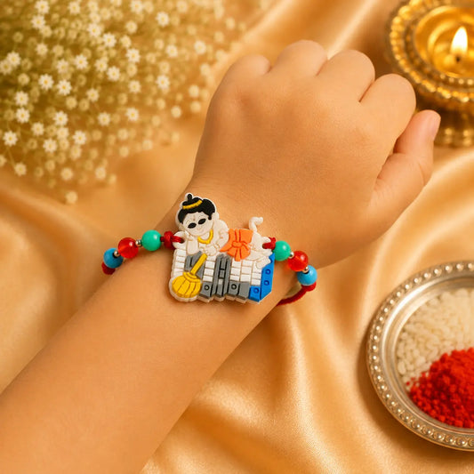 Colorful Hanuman Rakhi with Bal Hanuman design and multicolor beads on beige cushion