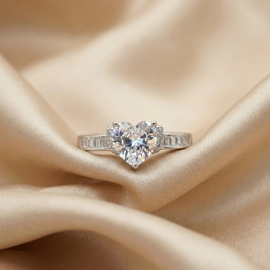Heart-Shaped Crystal Statement Ring with Baguette Accent Band