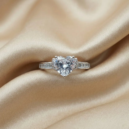 Heart-Shaped Crystal Statement Ring with Baguette Accent Band
