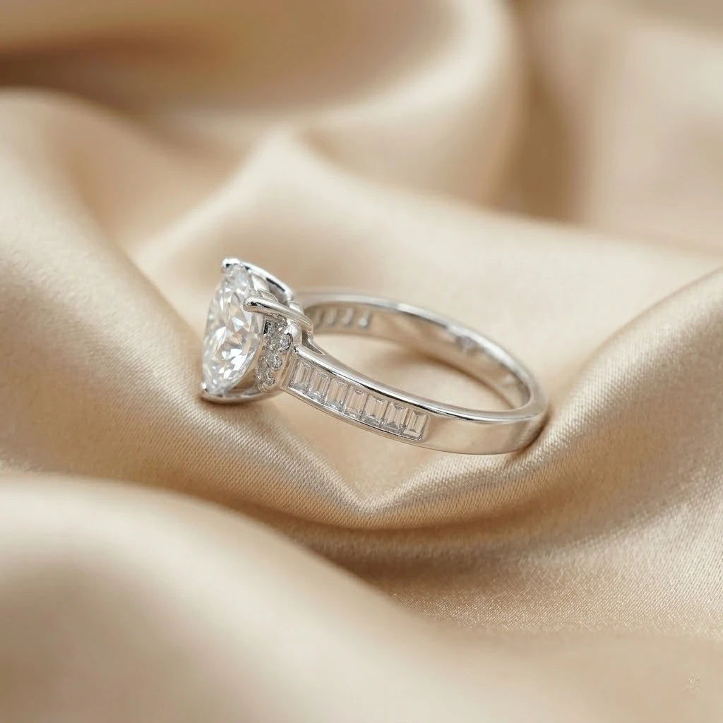 Heart-Shaped Crystal Statement Ring with Baguette Accent Band
