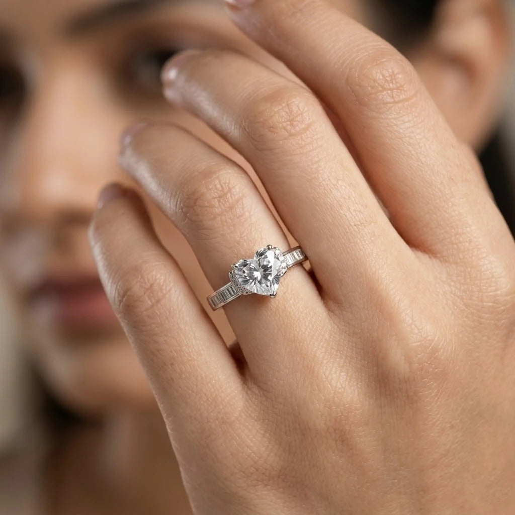 Heart-Shaped Crystal Statement Ring with Baguette Accent Band