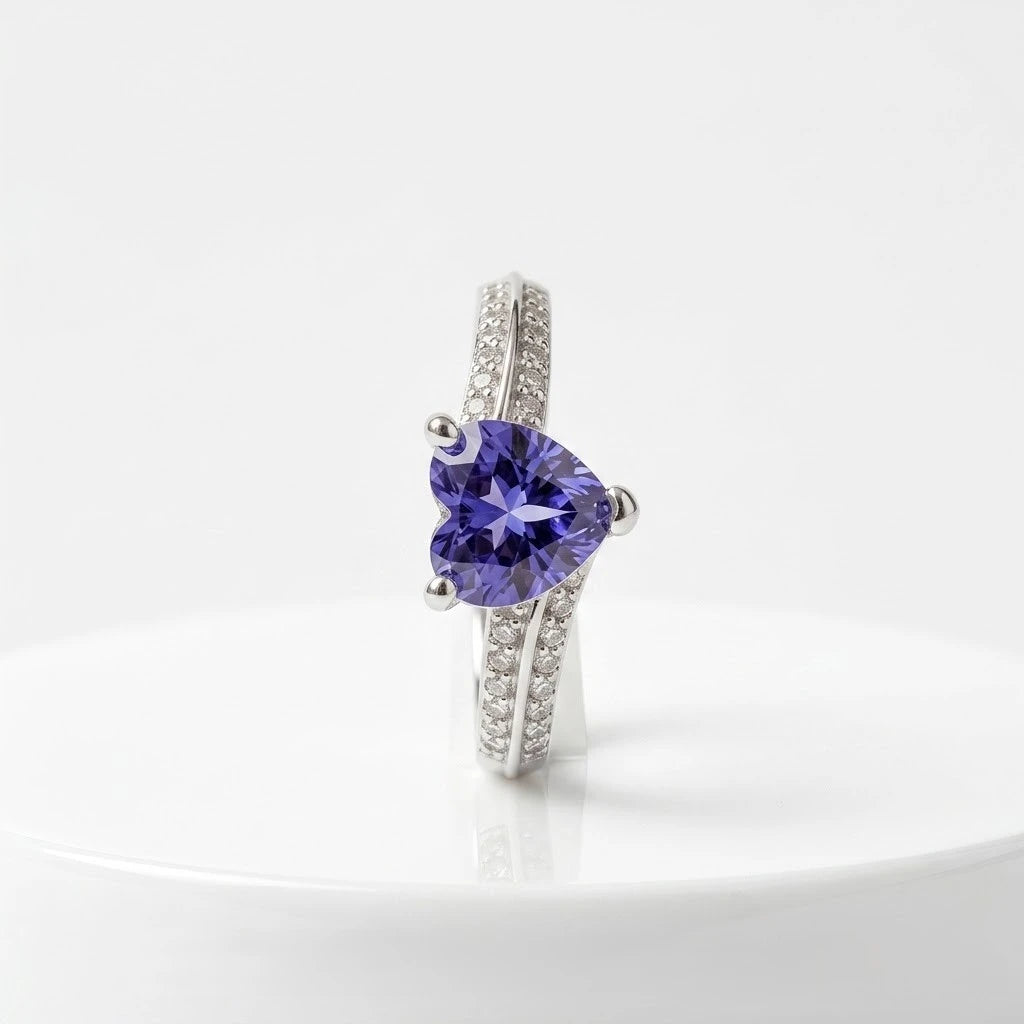 Heart Cut Amethyst Diamond Accent Sterling Silver Ring