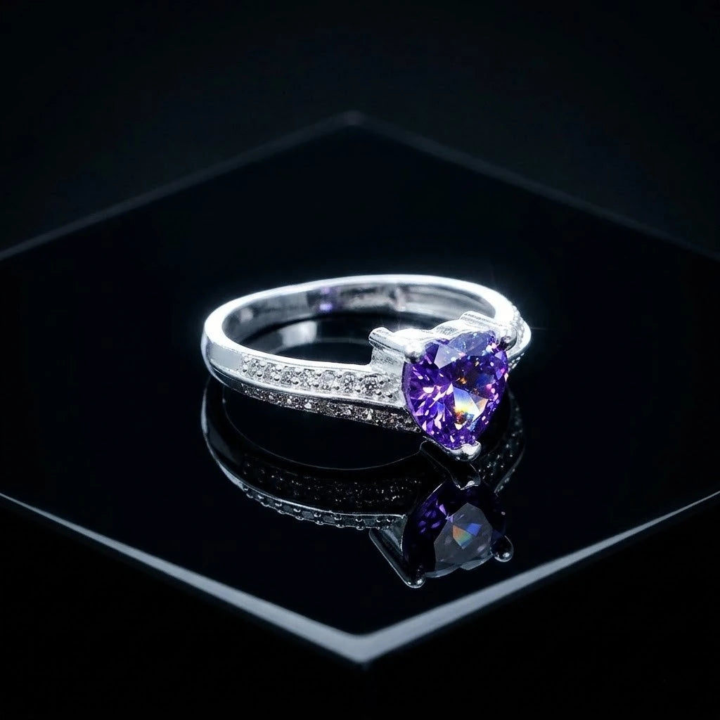Heart Cut Amethyst Diamond Accent Sterling Silver Ring