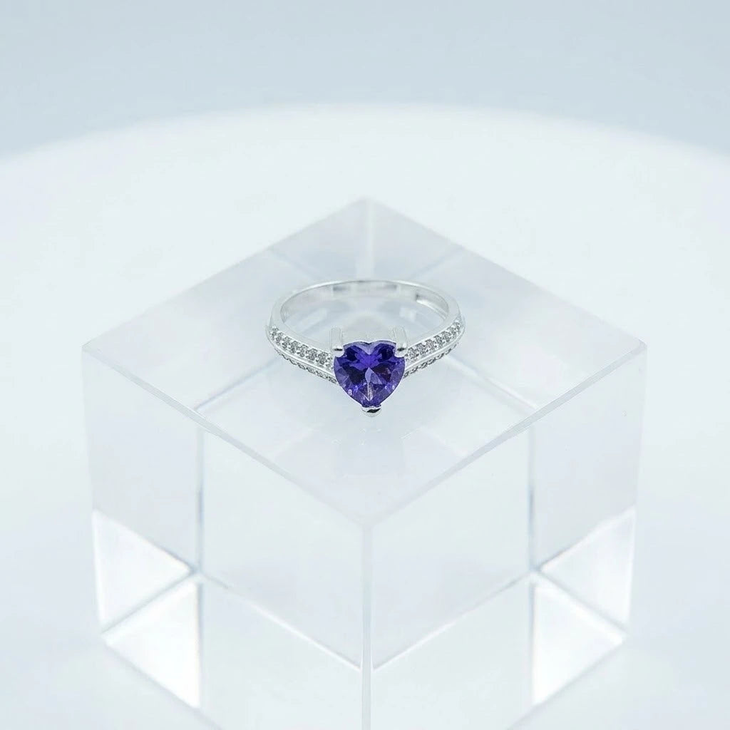 Heart Cut Amethyst Diamond Accent Sterling Silver Ring
