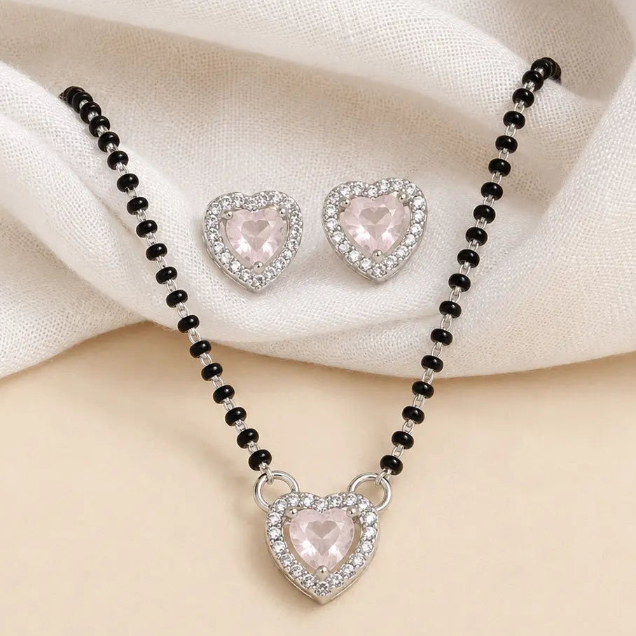 Heart Shape Pink Stone Mangalsutra Set with Matching Earrings 