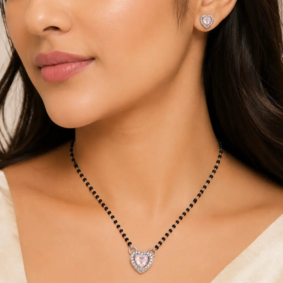 Heart Shape Pink Stone Mangalsutra Set with Matching Earrings 