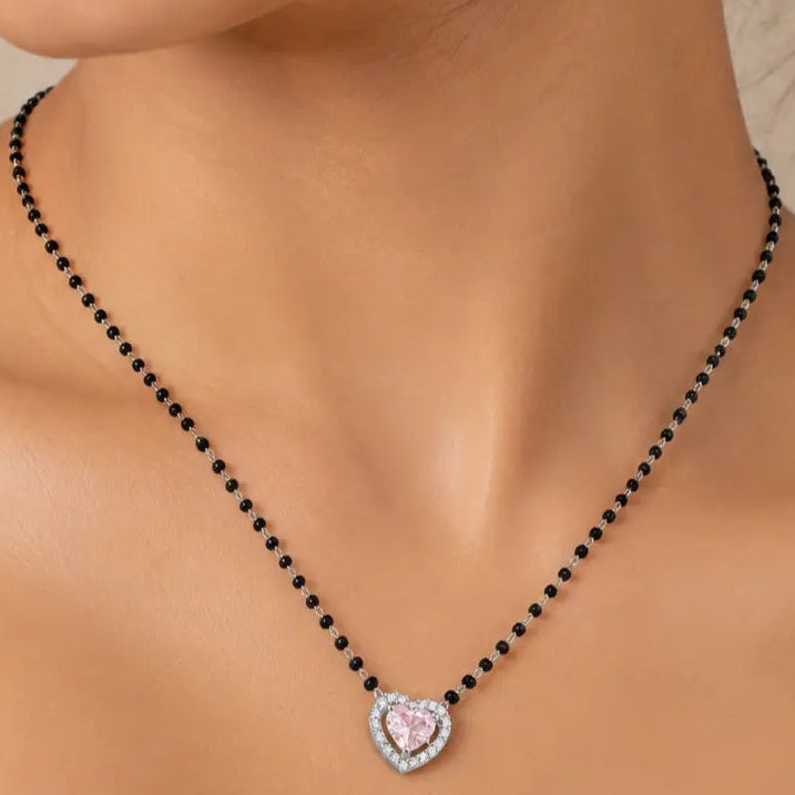 Heart Shape Pink Stone Mangalsutra Set with Matching Earrings 