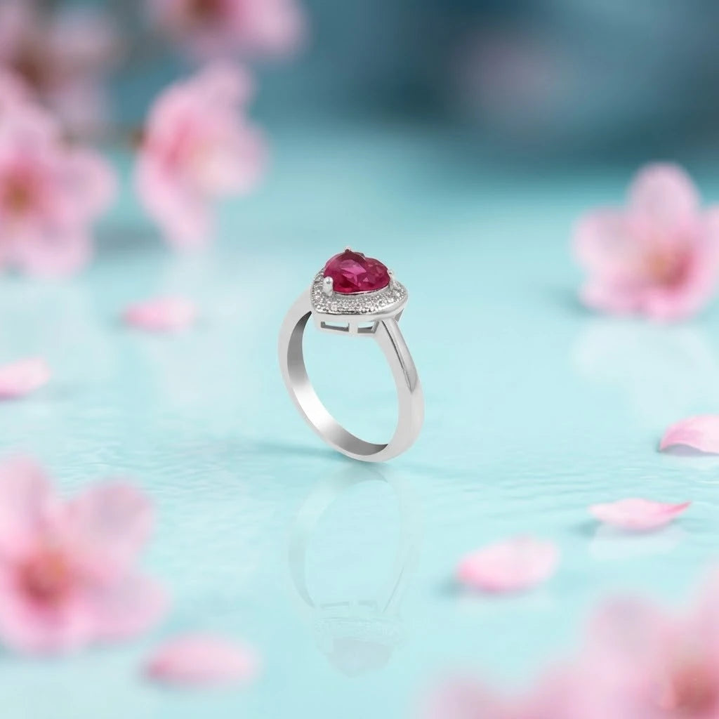 Heart Design Pink Gemstone Sterling Silver Ring