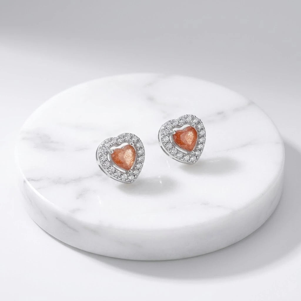 Heart Earrings Center Gem Surrounded by Crystals