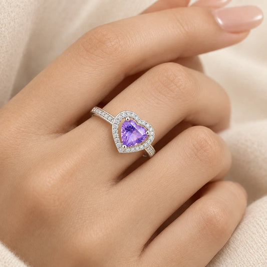 Heart Shape Purple Stone Silver Ring for Girls