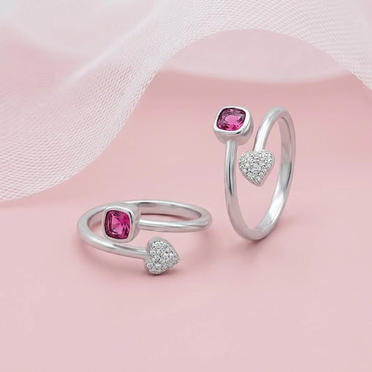 Heart Shaped Design Silver Toe Ring with Pink Gemstone