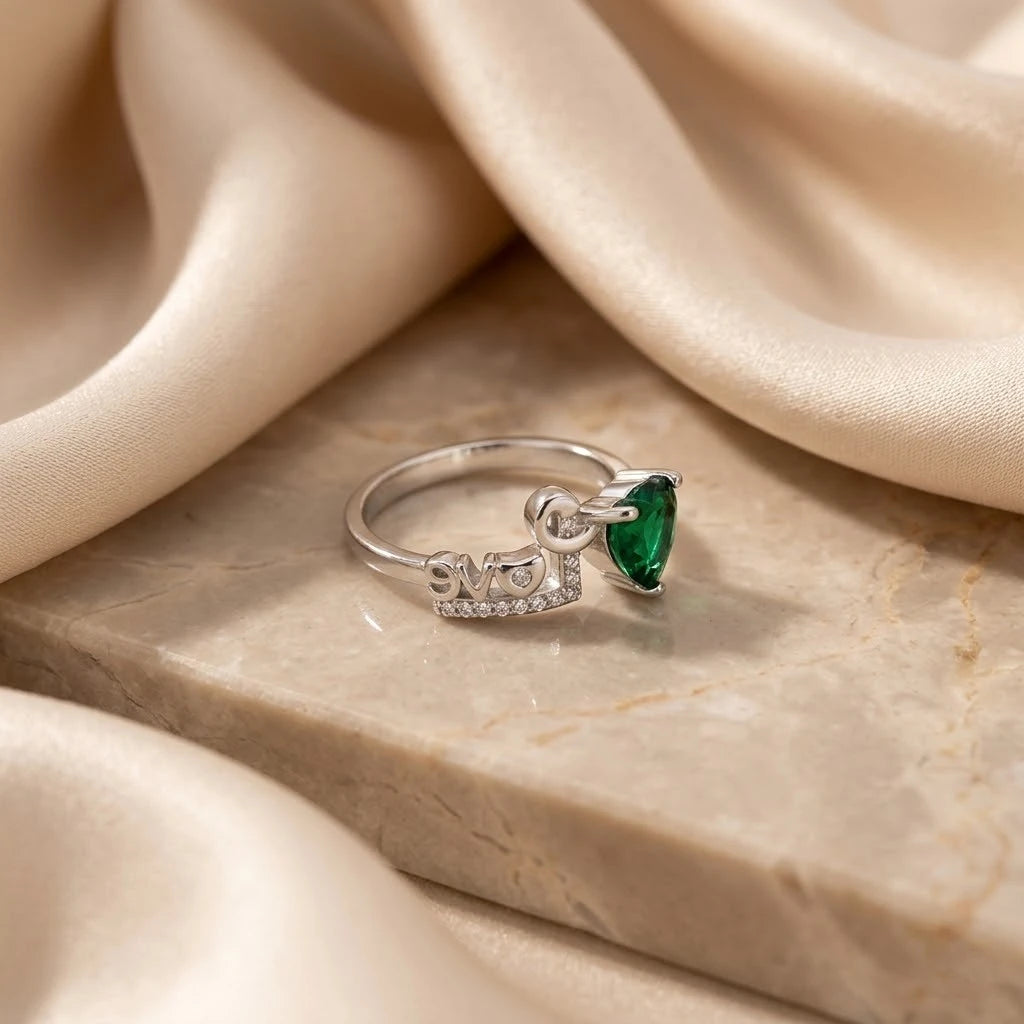 Heart Shaped Emerald Love Silver Ring