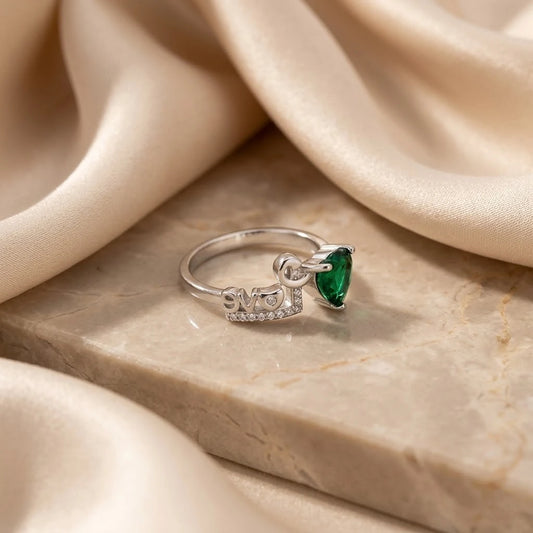 Heart Shaped Emerald Love Silver Ring