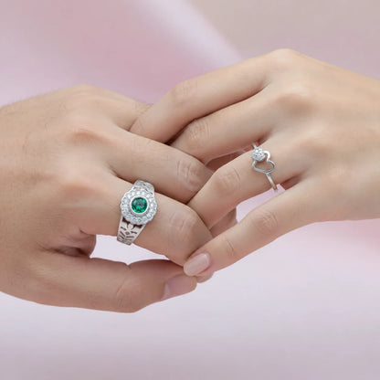 His & Her Silver Couple Rings Green Solitaire Men’s Band & Heart CZ Ring