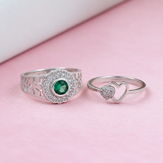 His & Her Silver Couple Rings Green Solitaire Men’s Band & Heart CZ Ring