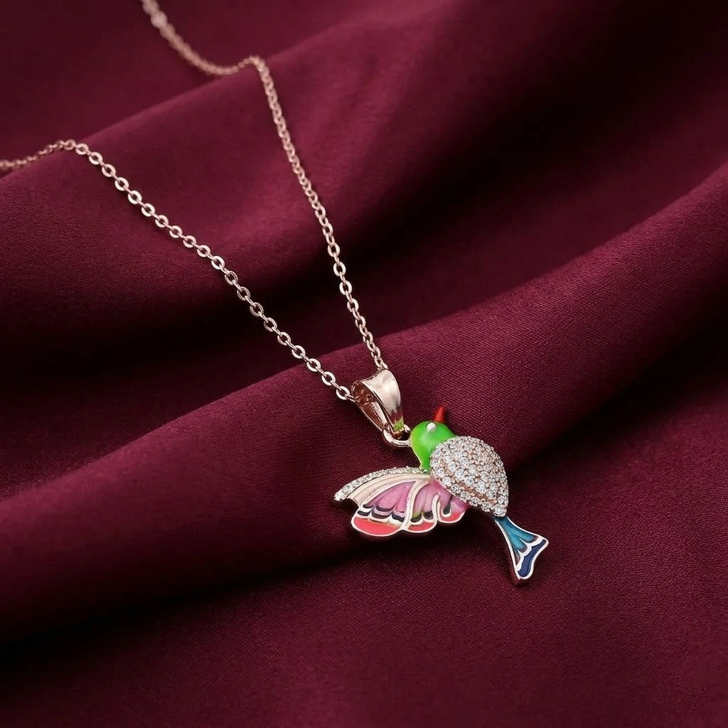 Hummingbird with Zircon Stones Silver Necklace