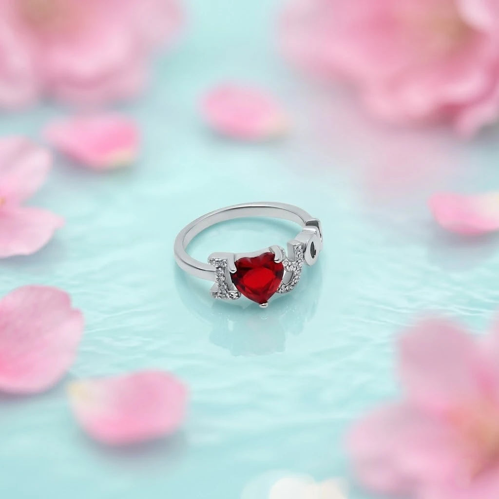 I Love You Red Heart Shape Silver Ring