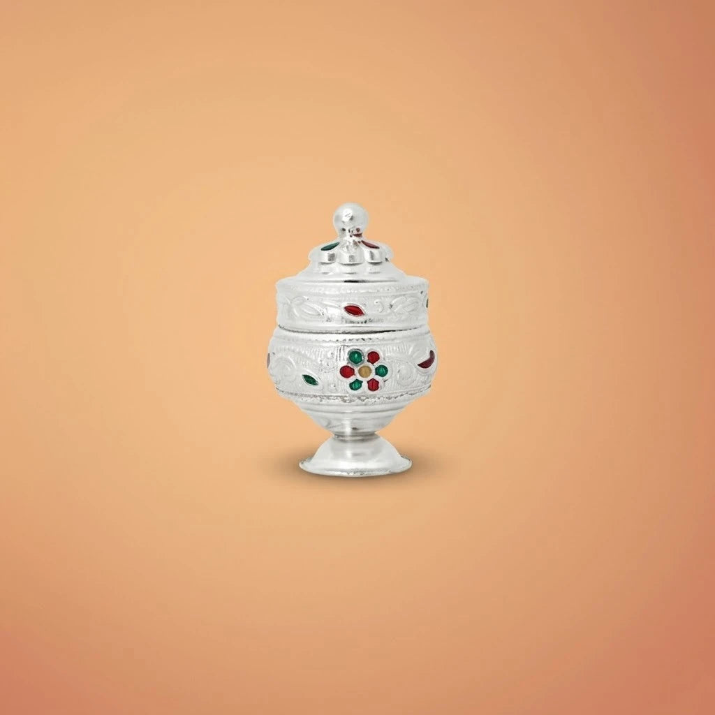 Intricate Silver Sindur Box with Floral Designs