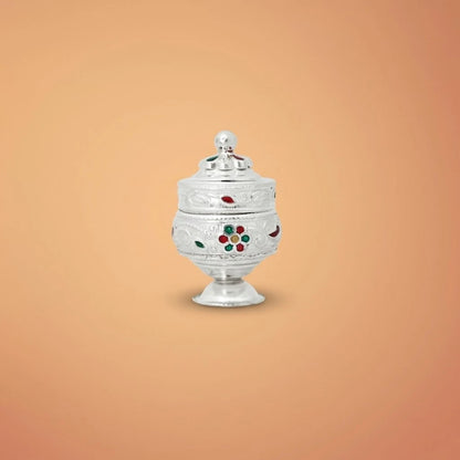 Intricate Silver Sindur Box with Floral Designs