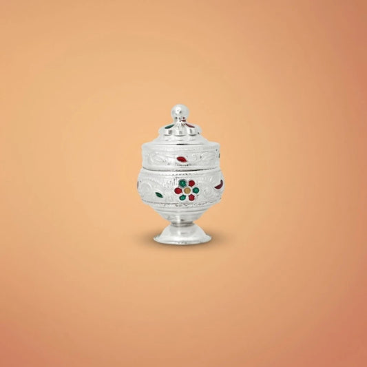 Intricate Silver Sindur Box with Floral Designs