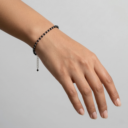 Black Beads Octagon Moti Silver Bracelet