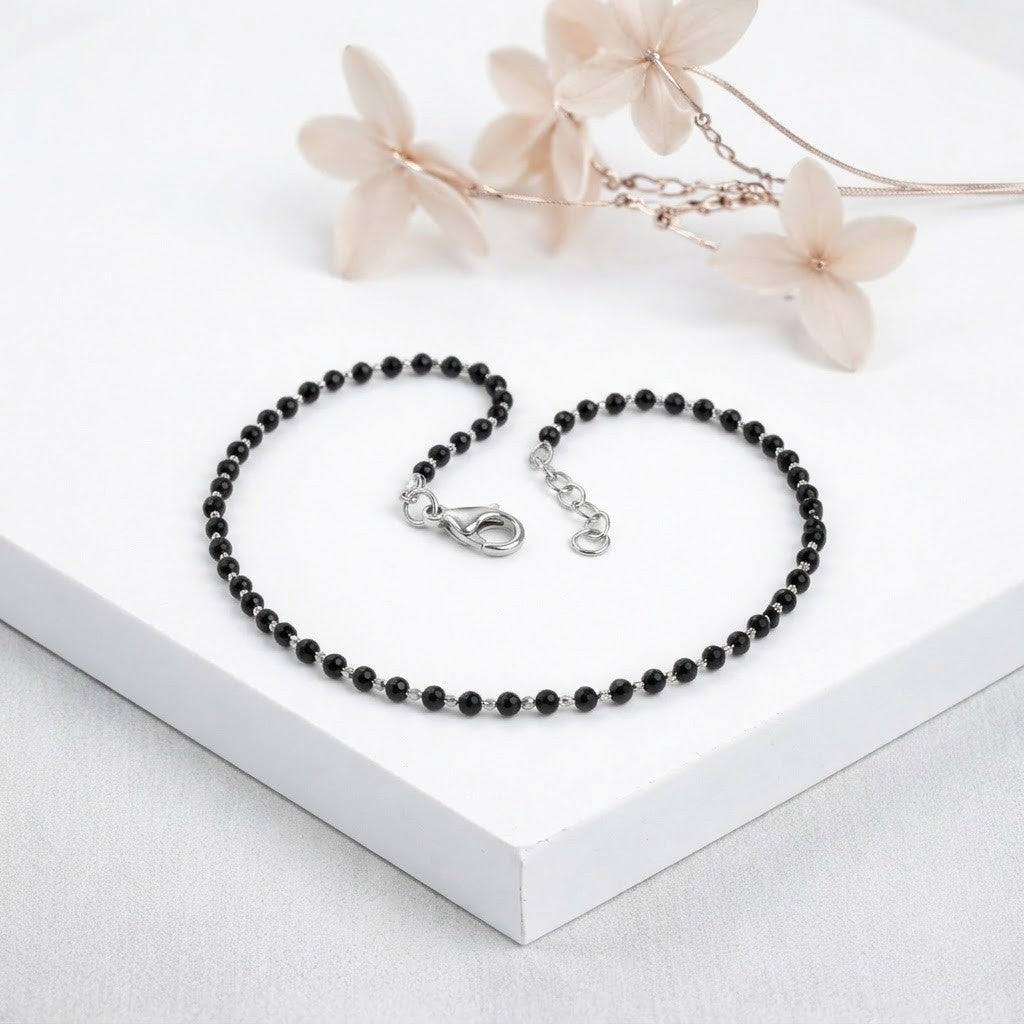 Black Beads Octagon Moti Silver Bracelet