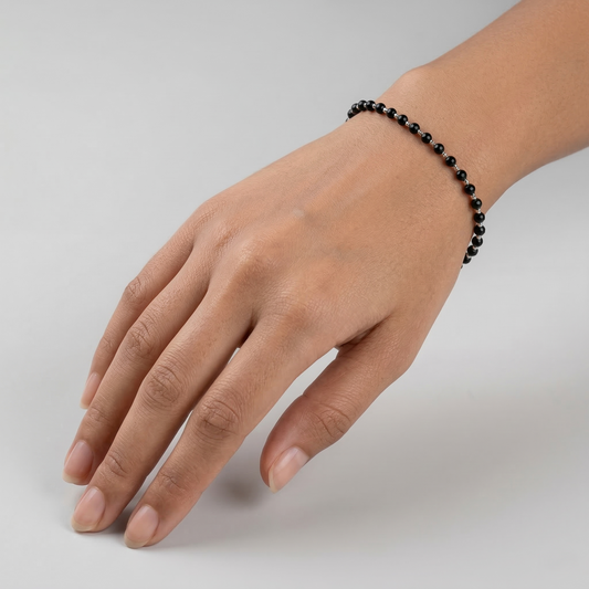 Black Beads Round Moti Silver Bracelet