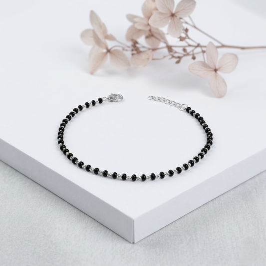 Black Beads Round Moti Silver Bracelet