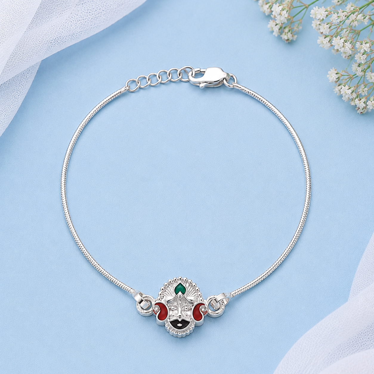 Khatu Shyam Ji silver bracelet for Woman with red green black detailing