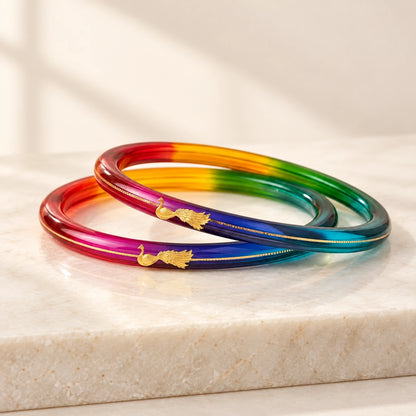 Rainbow Gradient Resin Bangles with Gold Peacock