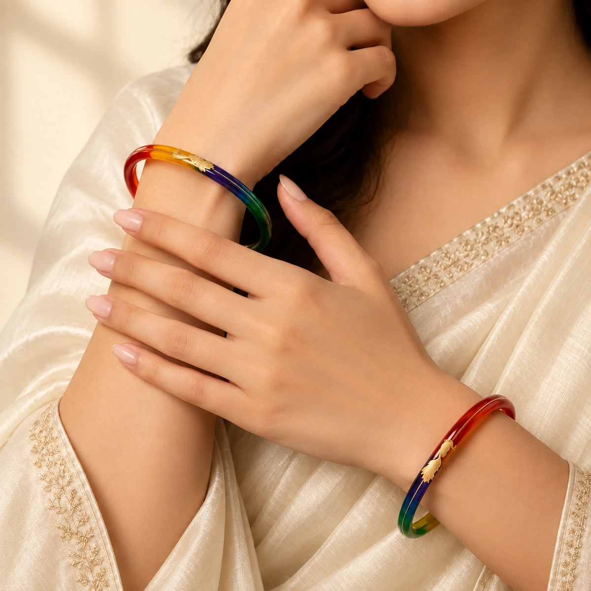 Rainbow Gradient Resin Bangles with Gold Peacock