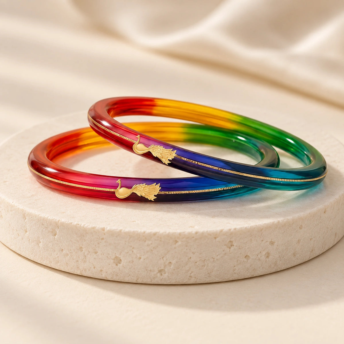 Rainbow Gradient Resin Bangles with Gold Peacock