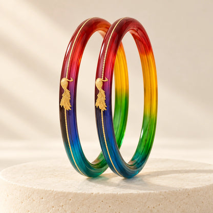 Rainbow Gradient Resin Bangles with Gold Peacock