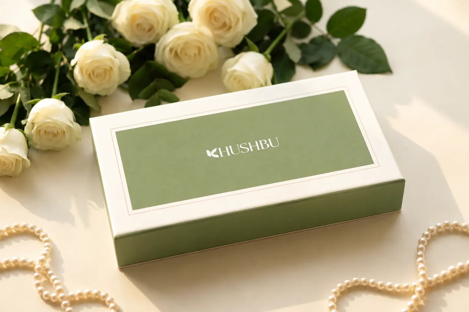 Khushbu premium green and ivory jewellery gift box with white roses and pearl strands