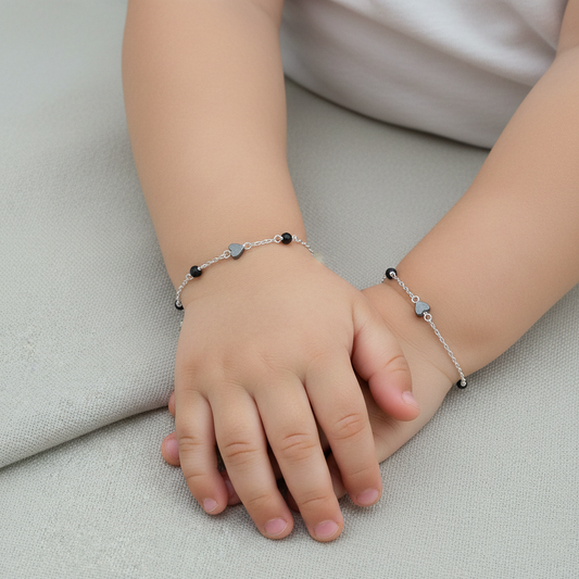 Kids Black Beads Chain Link Silver Bracelet