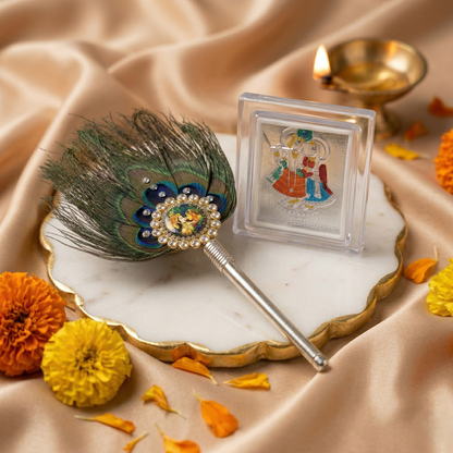 Krishna Bhakt Gift Combo – Mor Pankh with Radha Krishna Frame (Premium Set)