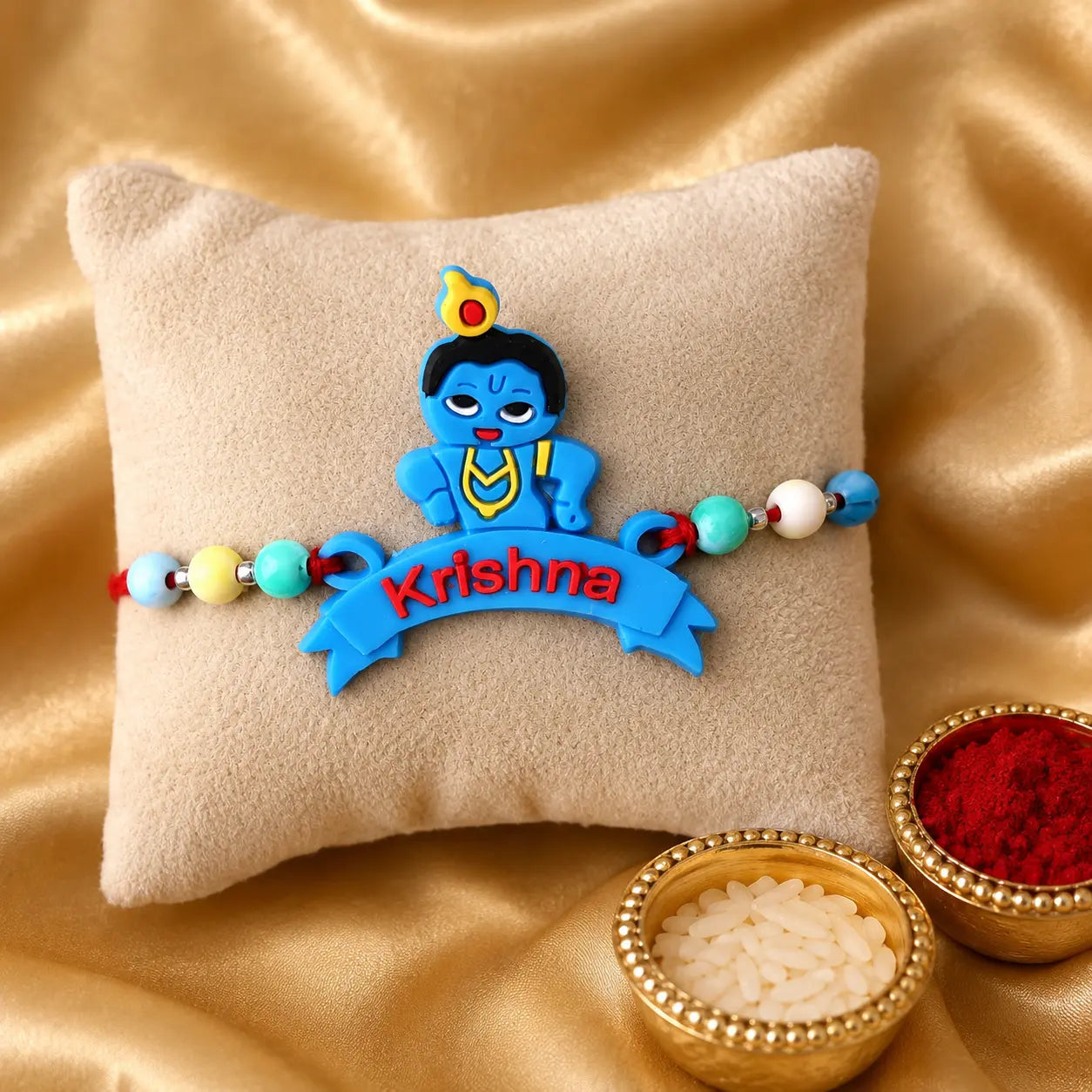 Cute Krishna Rakhi for kids with colorful beads and red thread