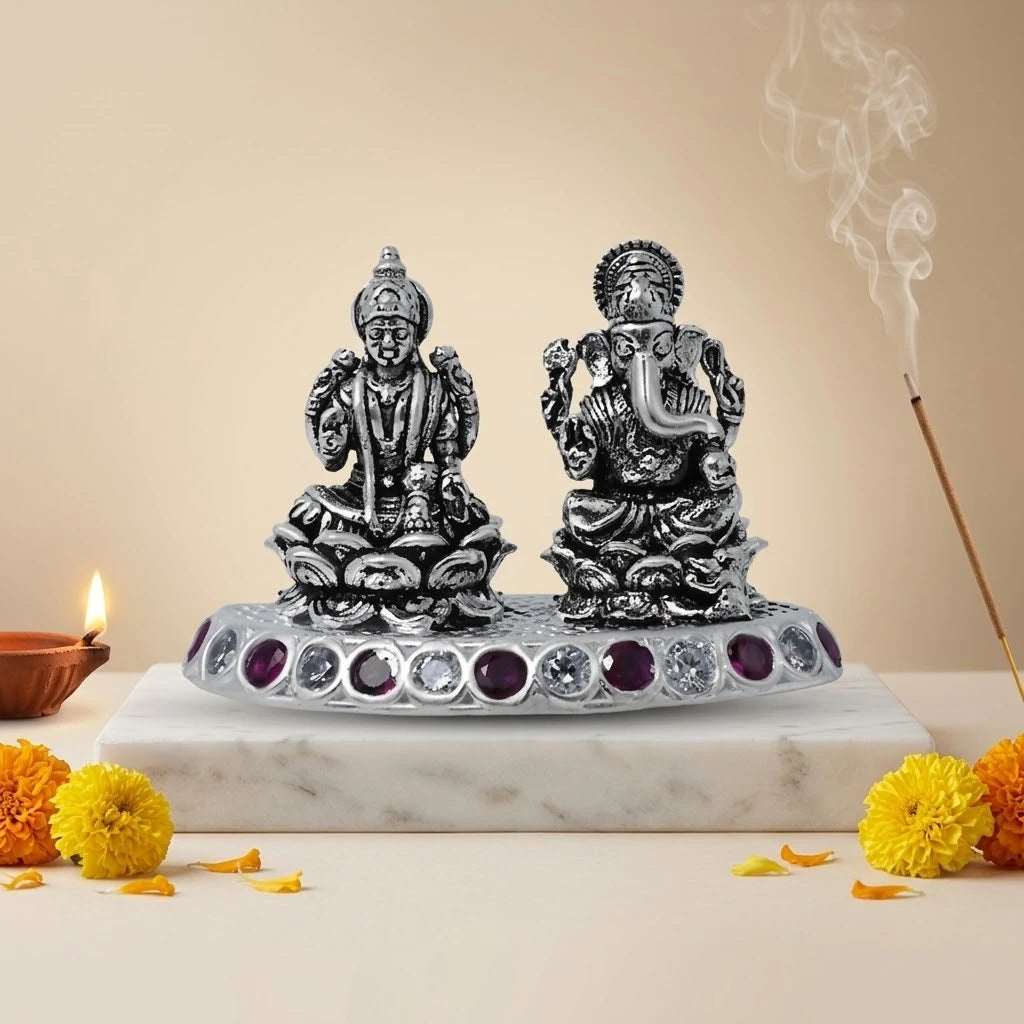 Lakshmi Ganesha Silver Murti with Purple White Gemstone