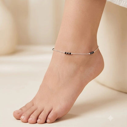 Lightweight Black Beaded Silver Anklet