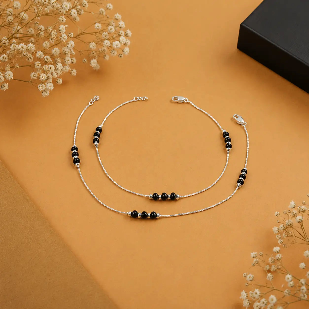 Lightweight Black Beaded Silver Anklet