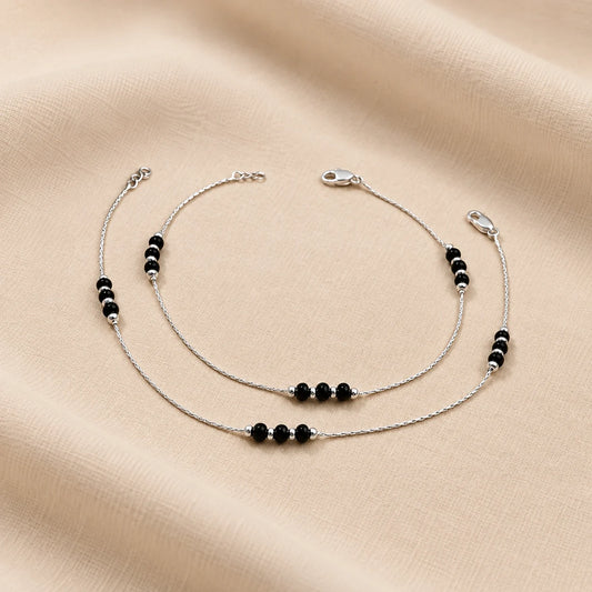 Lightweight Black Beaded Silver Anklet