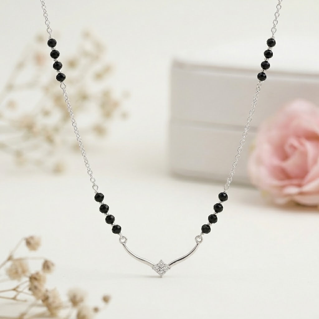 Lightweight V Curve Silver Mangalsutra Necklace